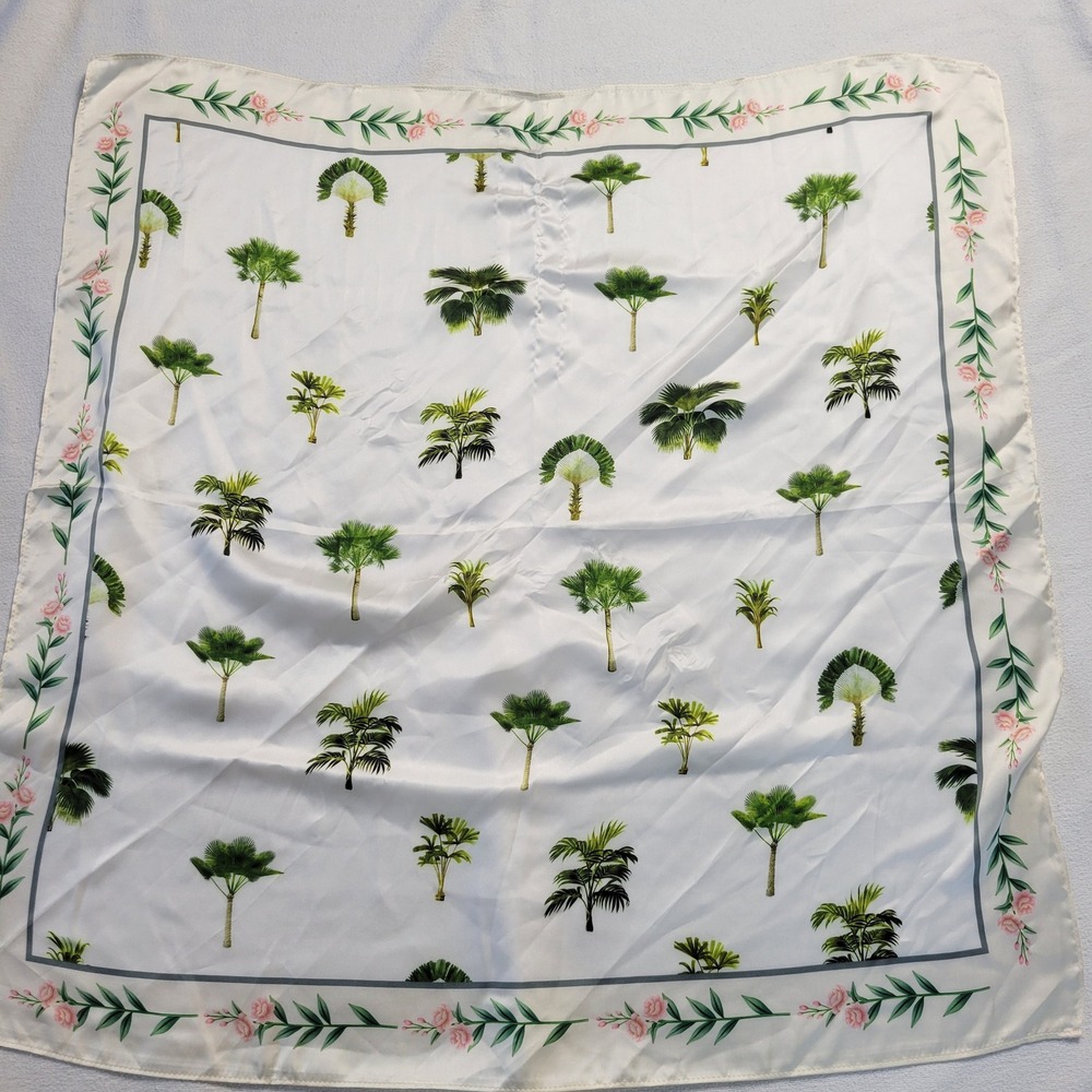 Tropical‎ Palm Tree Floral Border Square Satin Scarf White Green Pink 28x28 NWOT